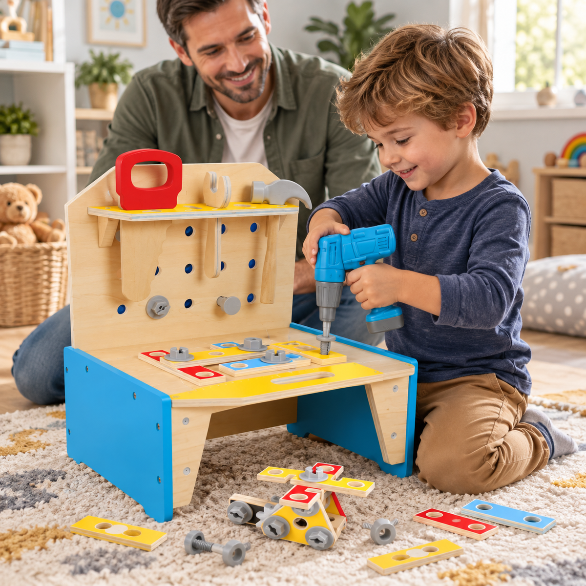 AI-generated lifestyle illustration of a child using the Hape Little Engineer's Workbench; illustrative context only