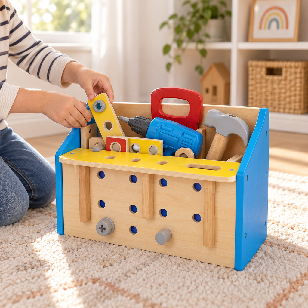 AI-generated lifestyle illustration of the Hape Little Engineer's Workbench in its storage configuration; illustrative context only