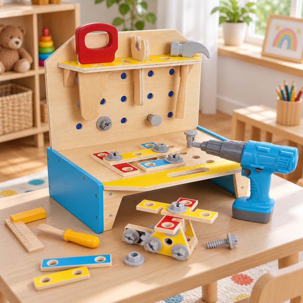 AI-generated lifestyle illustration of the Hape Little Engineer's Workbench in a playroom; illustrative context only