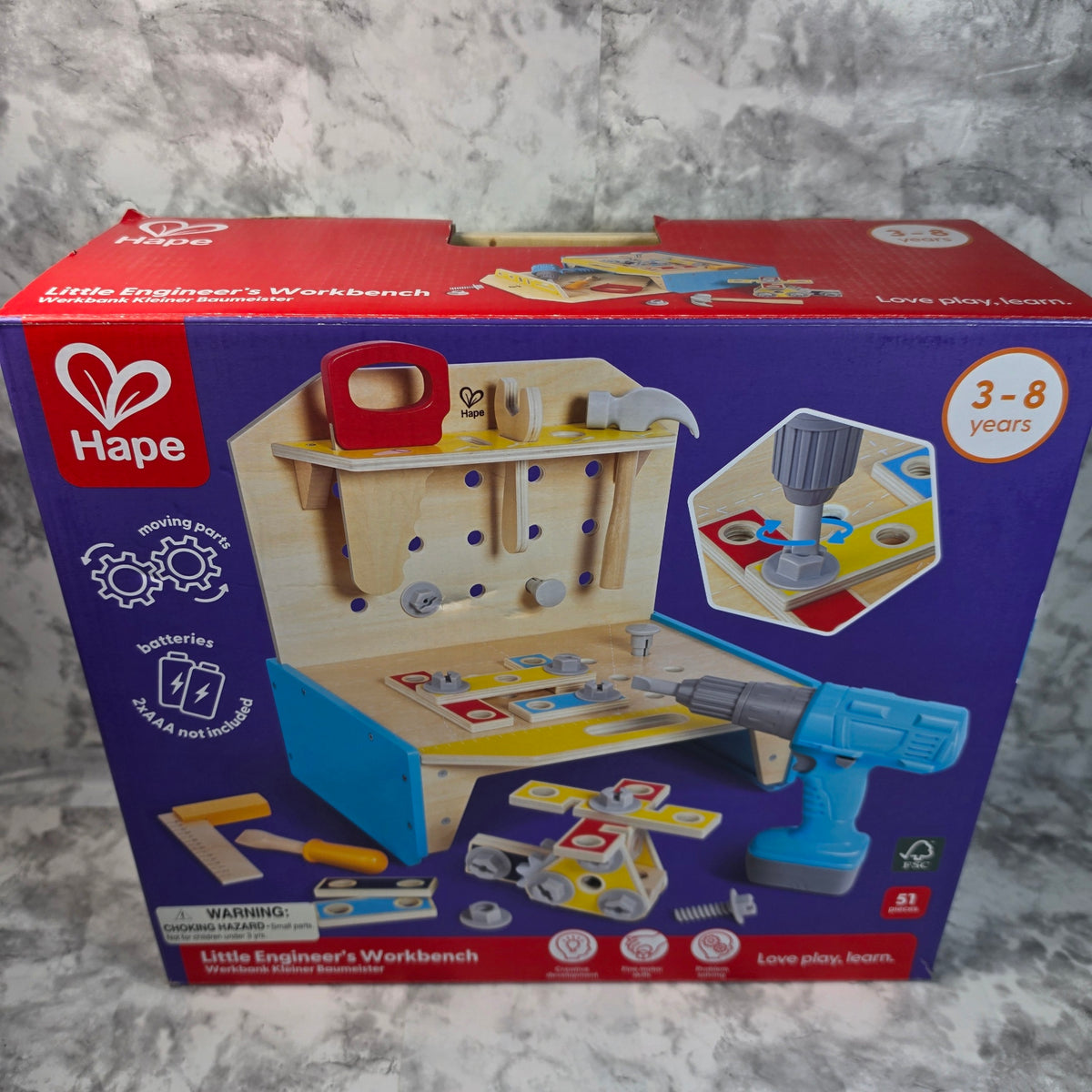 Hape Little Engineer's Workbench E3221 retail box front, actual More4less inventory