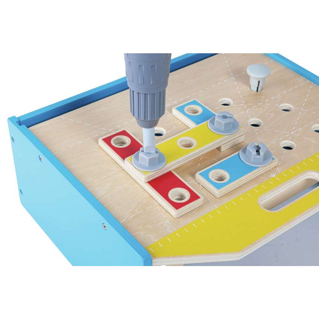 Manufacturer image of the Hape E3221 toy drill fastening wooden pieces on the workbench