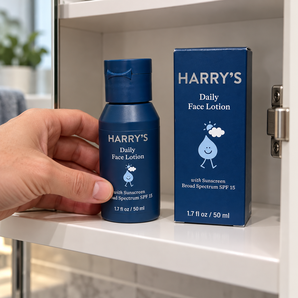 A hand setting the closed Harry's Daily Face Lotion bottle on a bathroom cabinet shelf.