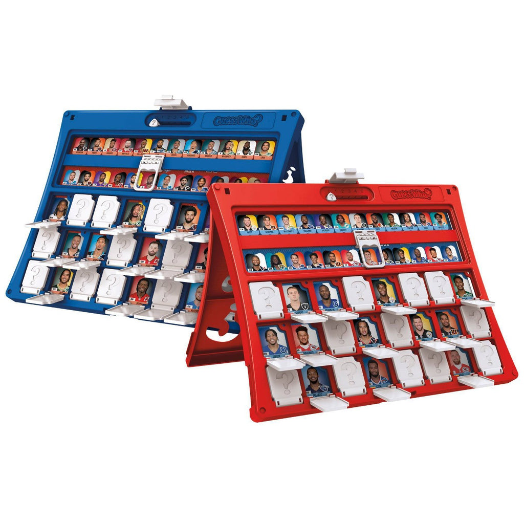 Product image of Hasbro Guess Who? NFL Edition showing the game board setup and NFL player cards.