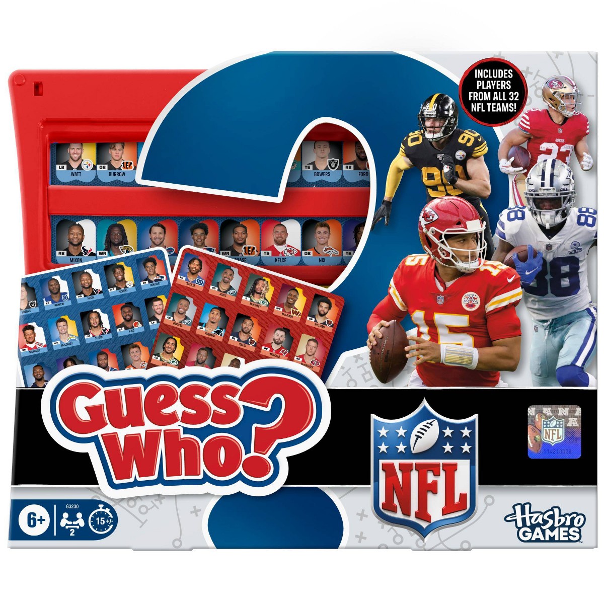 Product image of Hasbro Guess Who? NFL Edition G3230 retail box front.