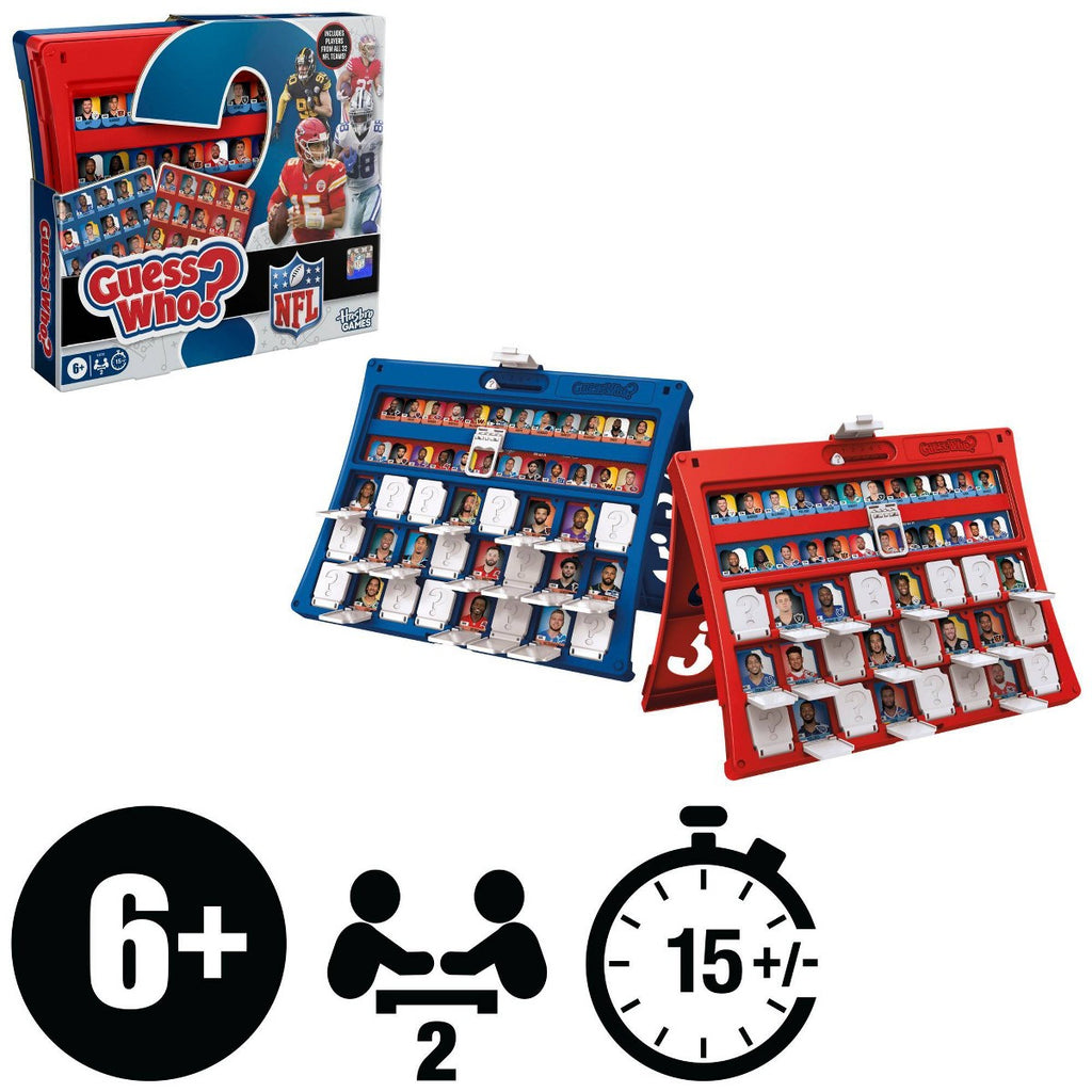 Product image of Hasbro Guess Who? NFL Edition showing two frames, double-sided NFL player sheets, and 15-minute 2-player age icons.