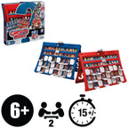 Product image of Hasbro Guess Who? NFL Edition showing two frames, double-sided NFL player sheets, and 15-minute 2-player age icons.