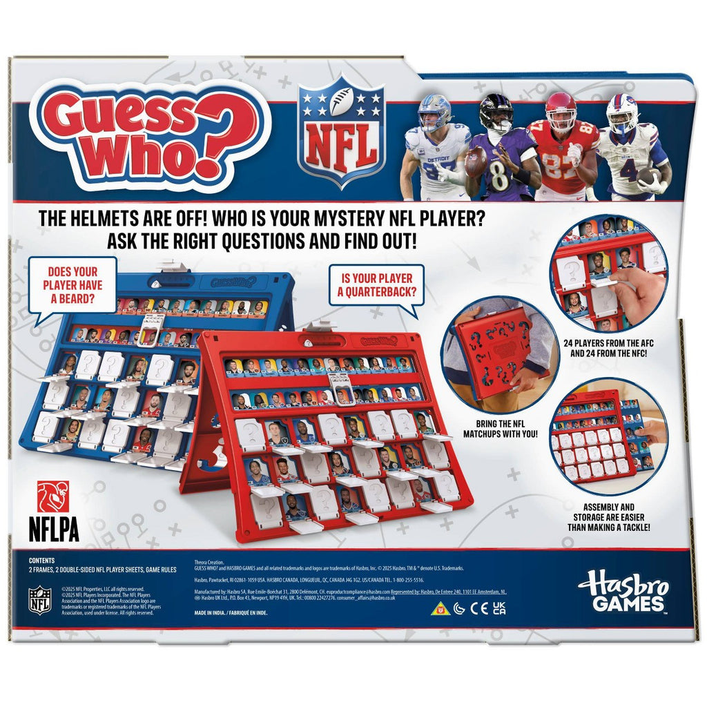Product detail image of Hasbro Guess Who? NFL Edition showing the portable fold-up game frames.