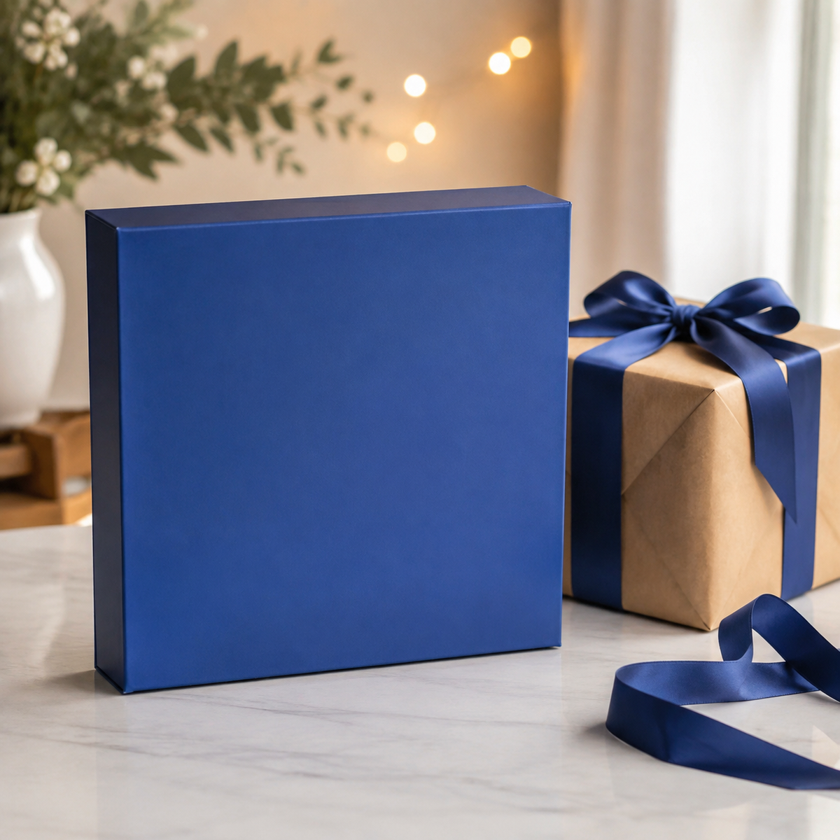 Hasbro Monopoly Travel World Tour — AI-generated gift context with a completely blank blue rear-facing box; actual Monopoly package is image 1.