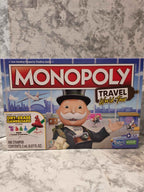 Actual stocked Hasbro Monopoly Travel World Tour board game box, F4007, ages 8+, front package