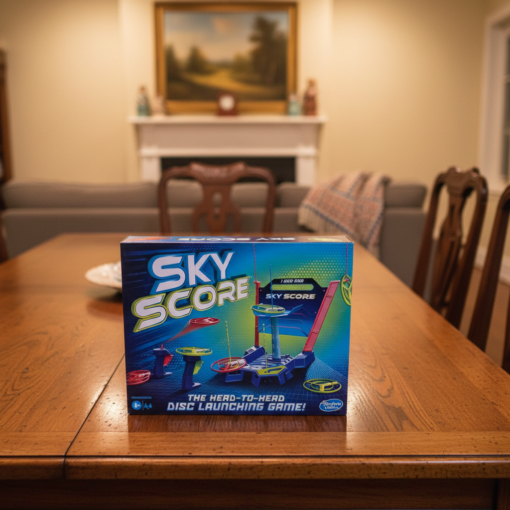 AI-generated contextual image of Hasbro Sky Score disc launching game box on a family table