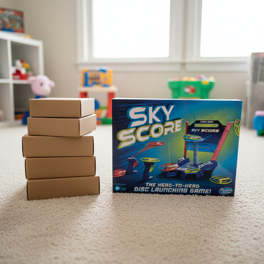 AI-generated contextual image of Hasbro Sky Score disc launching game box in a playroom