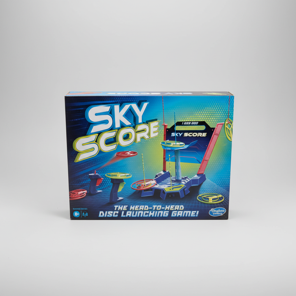 AI-generated studio image of Hasbro Sky Score disc launching game box