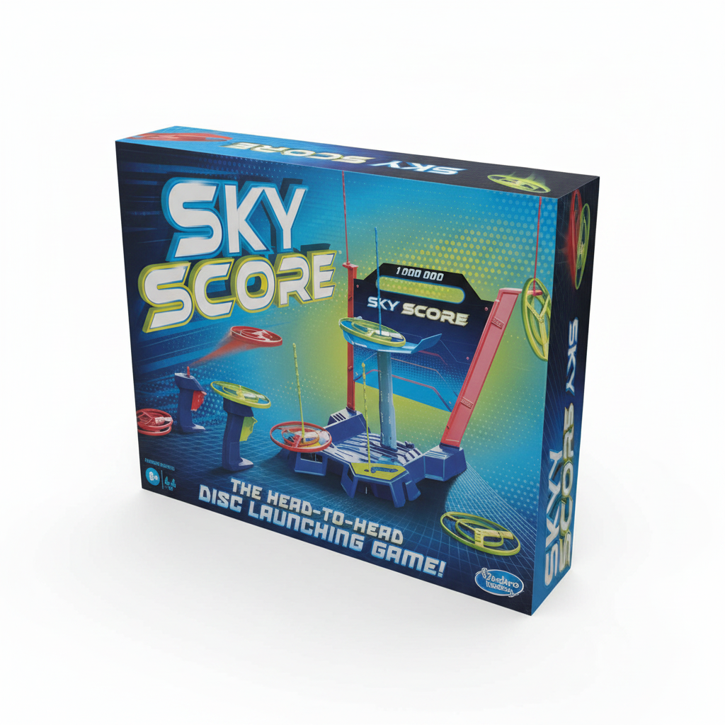 AI-generated three-quarter view of Hasbro Sky Score disc launching game box