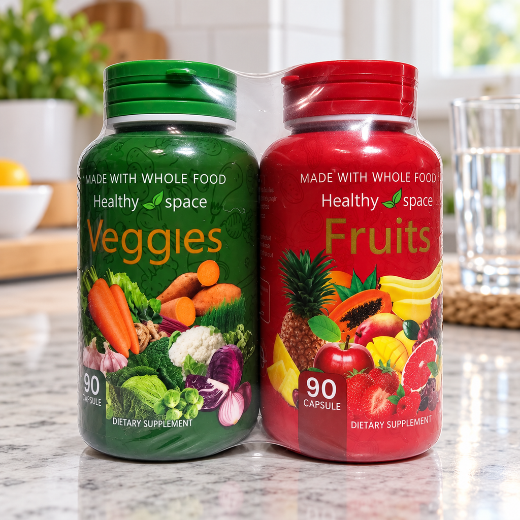 AI-generated scene of a sealed Healthy Space Fruits and Veggies bundle on a kitchen counter.