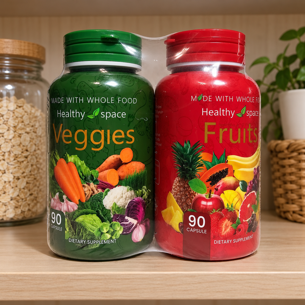 AI-generated scene of a sealed Healthy Space Fruits and Veggies bundle on a pantry shelf.