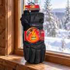 AI lifestyle scene: tagged Heat Holders Realtree black L/XL thermal gloves at a cabin window; other items not included.