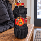 AI lifestyle scene: tagged Heat Holders Realtree black L/XL thermal gloves on an entryway bench; other items not included.