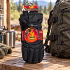 AI lifestyle scene: tagged Heat Holders Realtree black L/XL thermal gloves on an outdoor-gear table; other items not included.