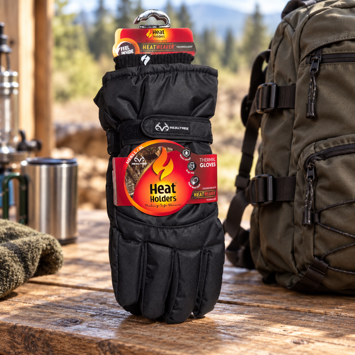 AI lifestyle scene: tagged Heat Holders Realtree black L/XL thermal gloves on an outdoor-gear table; other items not included.