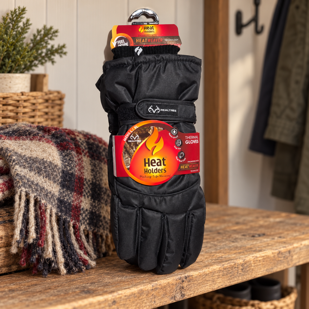 AI lifestyle scene: tagged Heat Holders Realtree black L/XL thermal gloves on a mudroom shelf; other items not included.