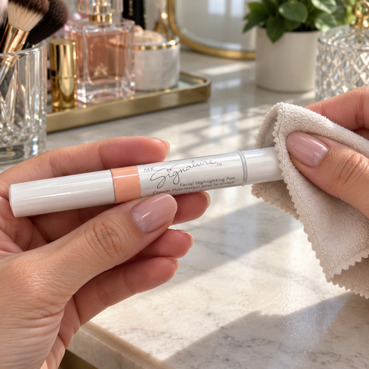 The closed exterior of an MK Signature Shade 1 highlighting pen being wiped with a dry cloth.