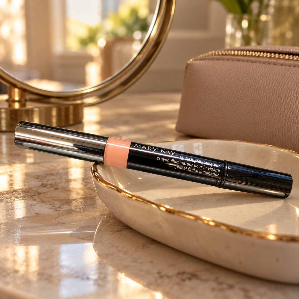 Capped standard Mary Kay Shade 1 highlighting pen resting on a vanity tray.