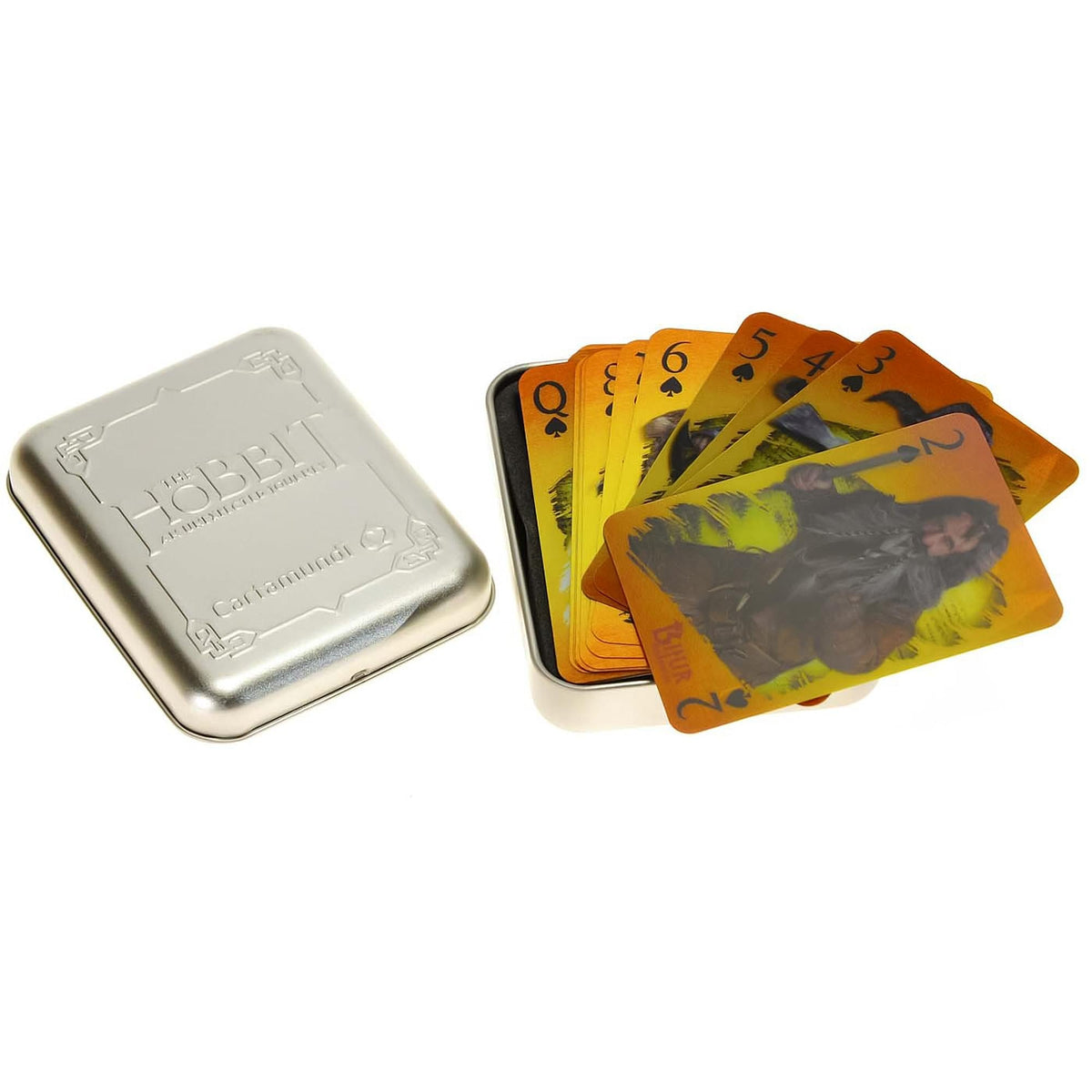 The Hobbit lenticular playing cards fanned beside the rectangular embossed collectible tin.