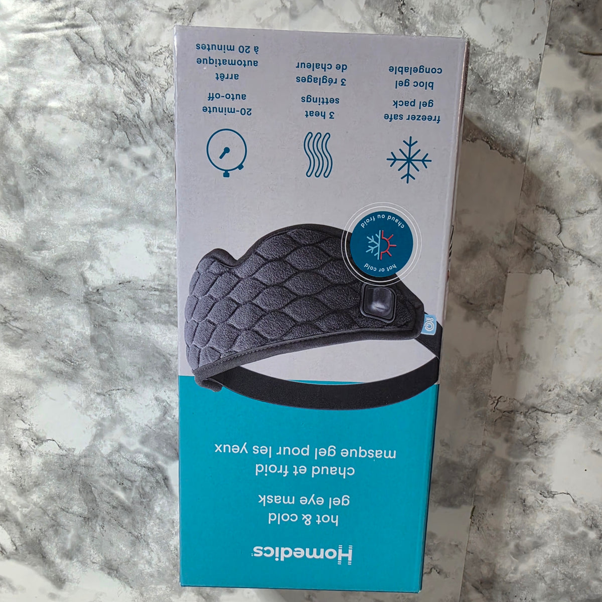 Actual HoMedics hot and cold gel eye mask in original box, model HP-G42A-CA