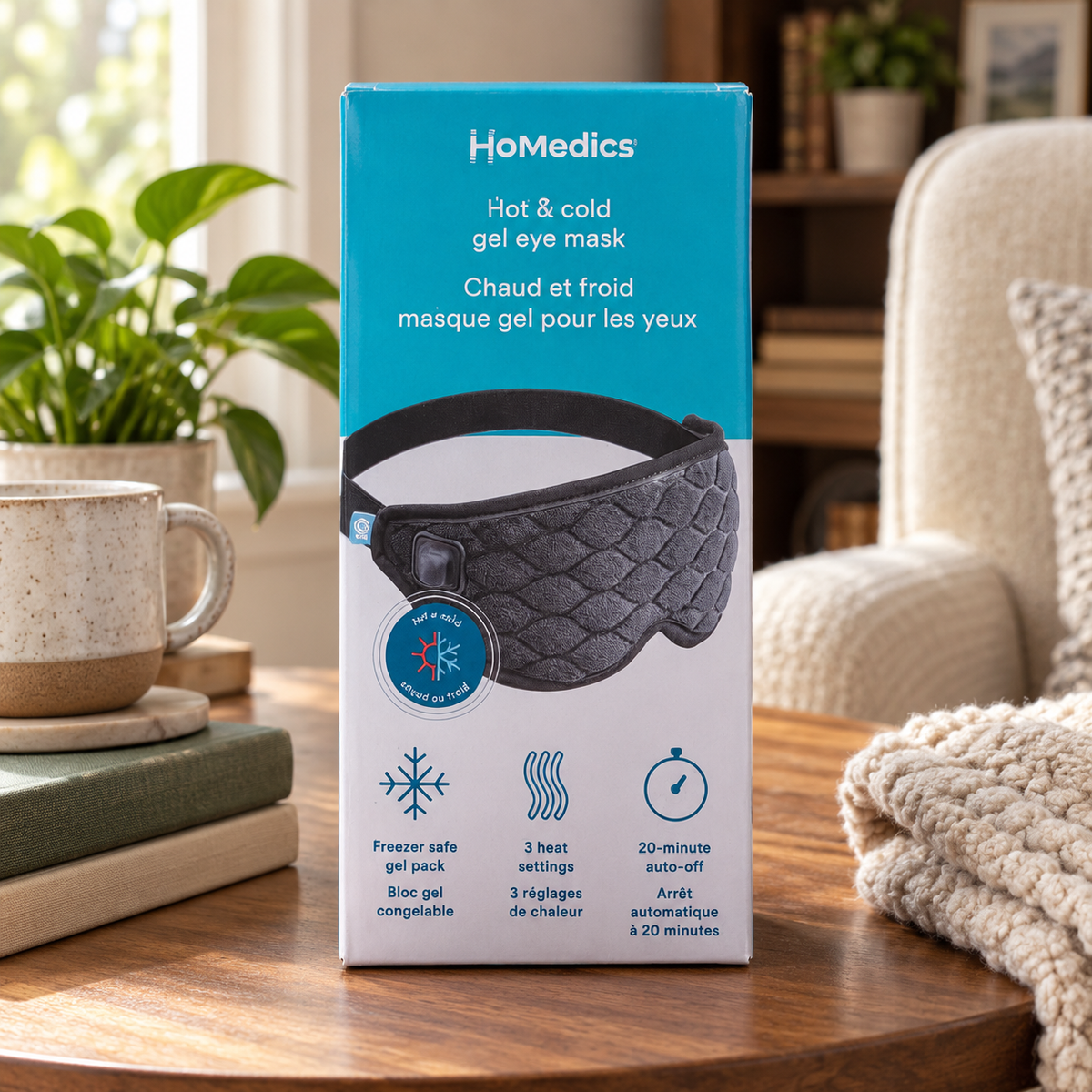 AI lifestyle illustration of HoMedics HP-G42A-CA boxed eye mask in living room setting; props not included