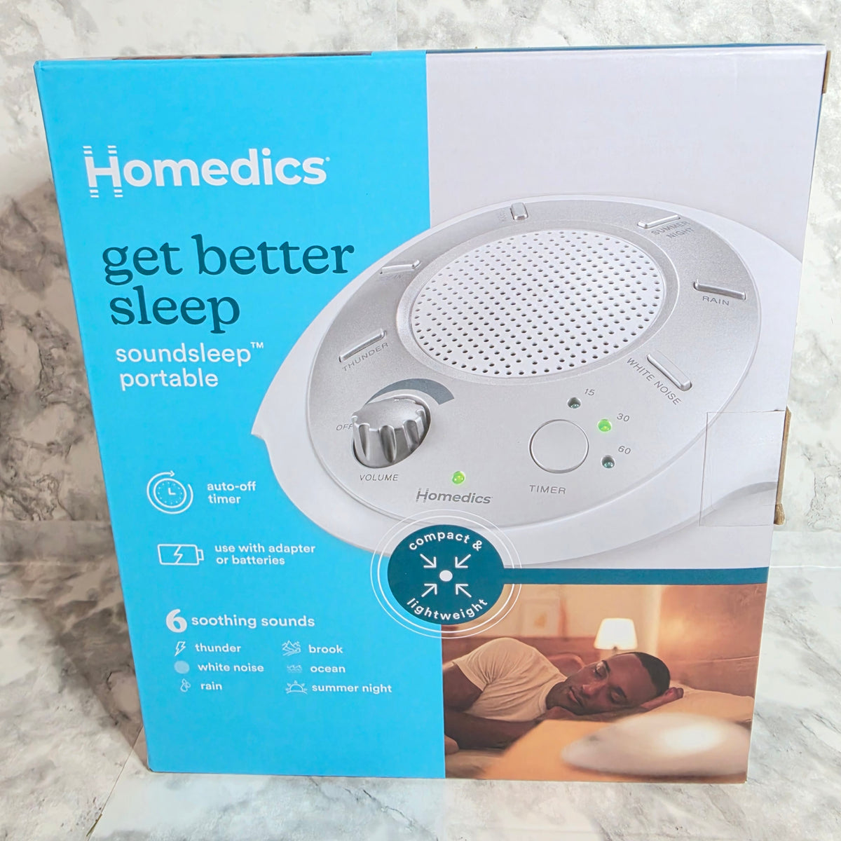Actual HoMedics SoundSleep portable sound machine in original box, model SS-2000N3PK