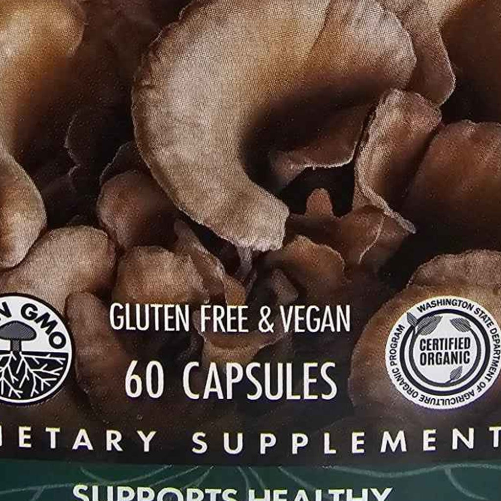 Actual photo detail of Host Defense Maitake organic mycelium bottle label