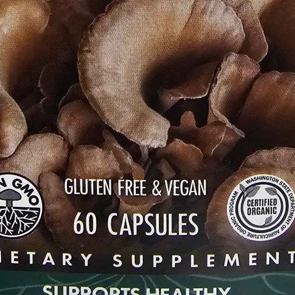 Actual photo detail of Host Defense Maitake organic mycelium bottle label