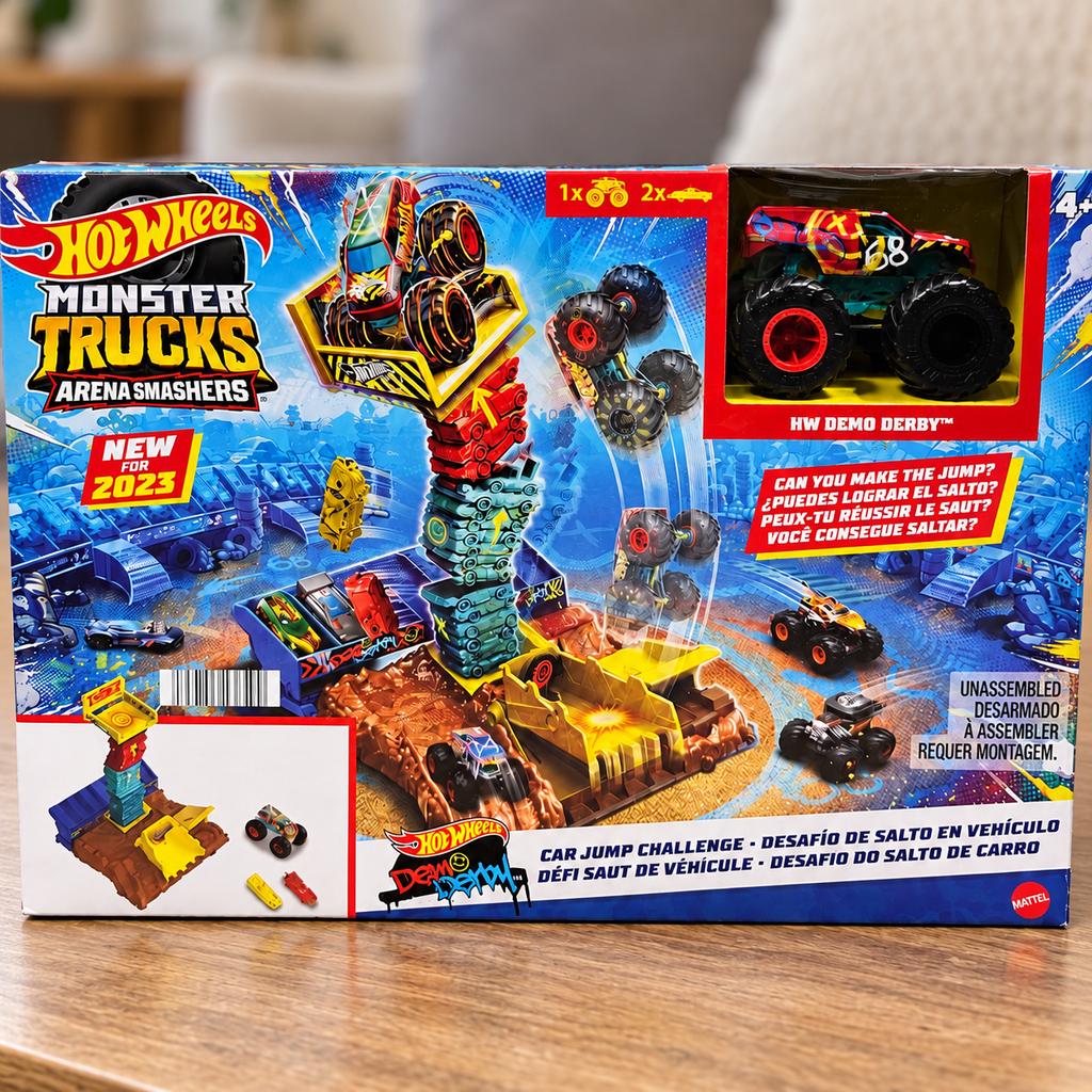Hot Wheels Monster Trucks Car Jump Challenge retail box in a home setting 1
