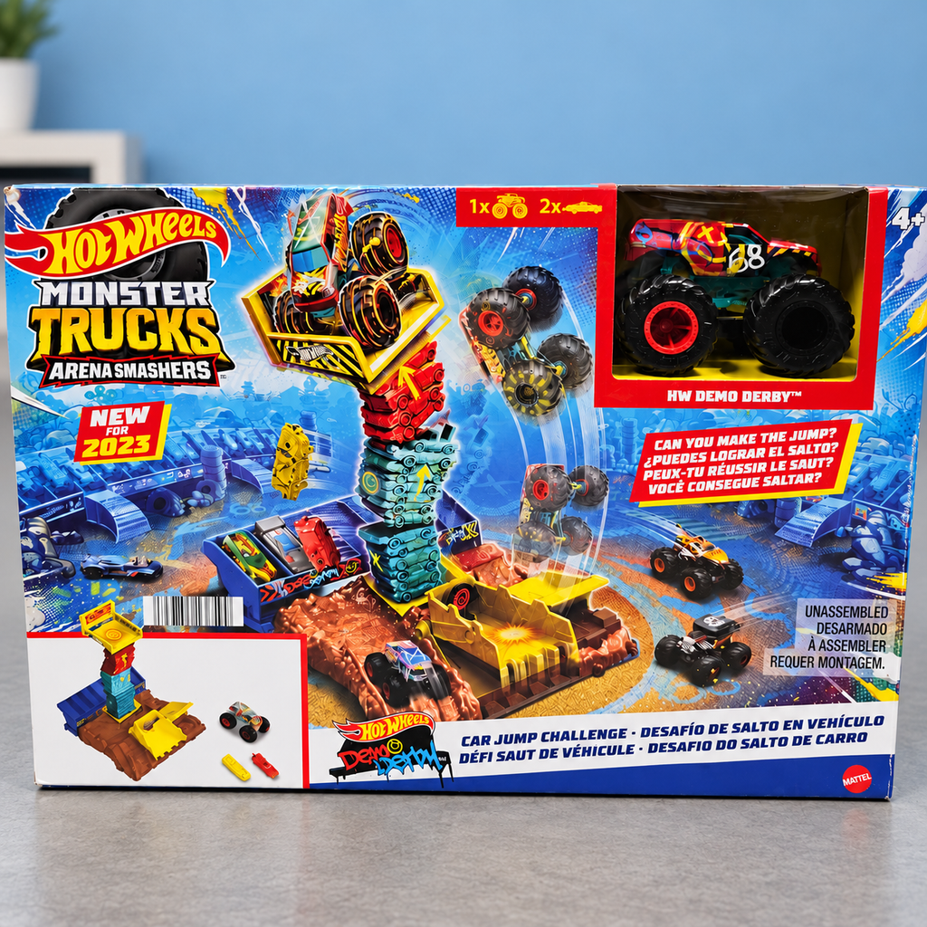 Hot Wheels Monster Trucks Car Jump Challenge retail box in a home setting 2