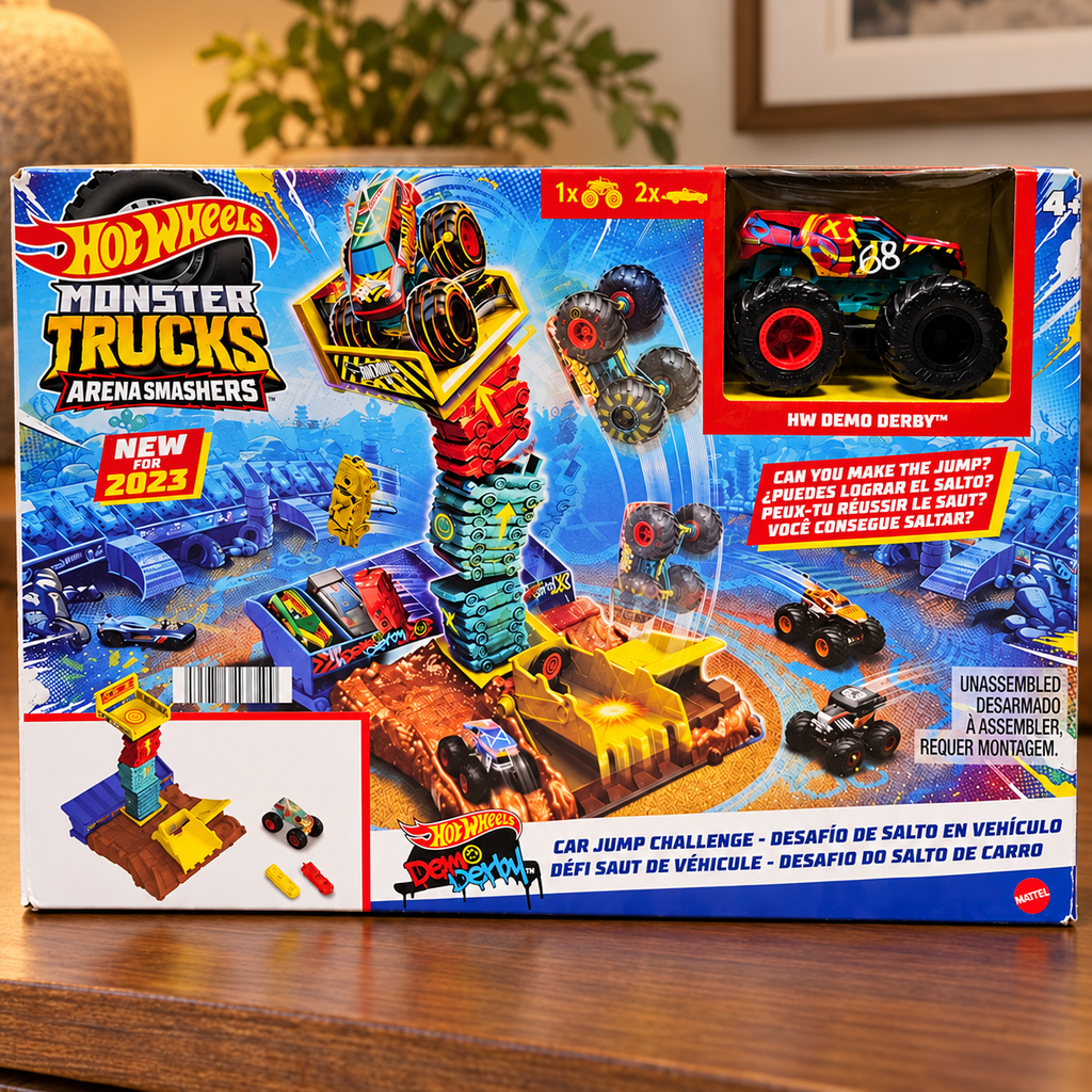 Hot Wheels Monster Trucks Car Jump Challenge retail box in a home setting 3
