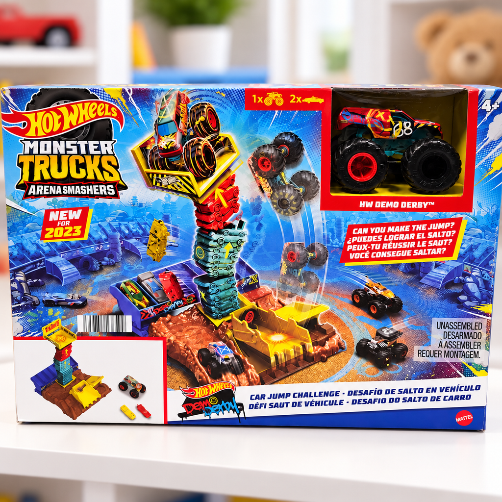 Hot Wheels Monster Trucks Car Jump Challenge retail box in a home setting 4