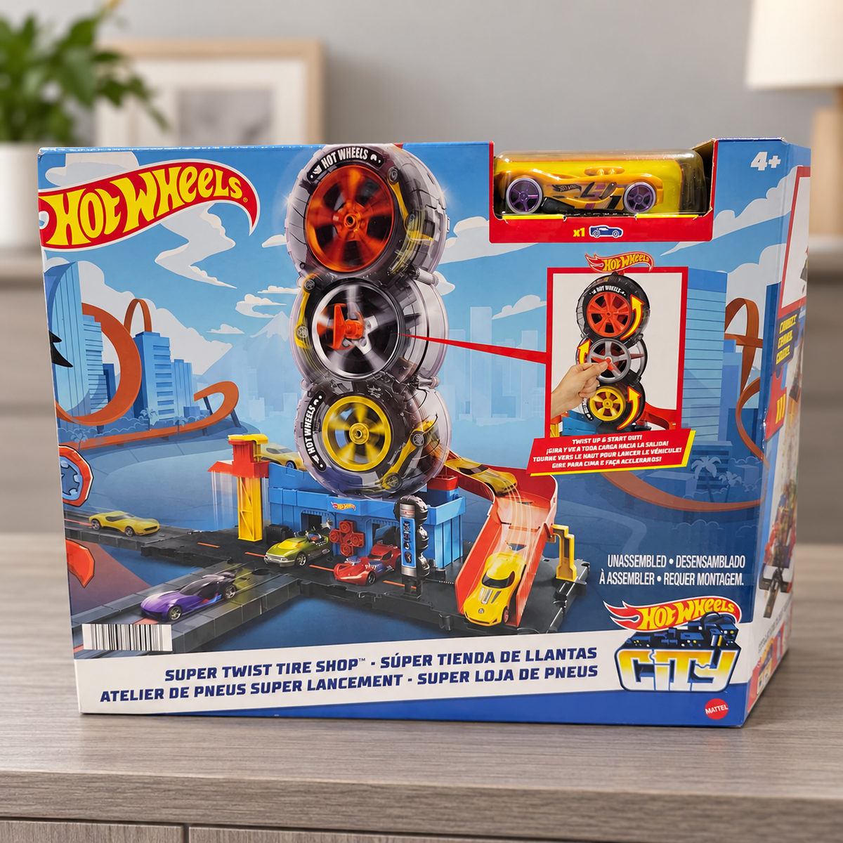 Hot Wheels City Super Twist Tire Shop retail box in a home setting 4