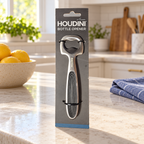 Illustrative packaged Houdini bottle opener on a kitchen counter; styling accessories not included.