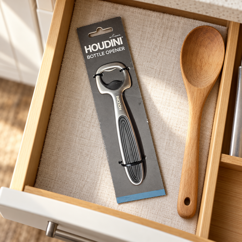 Illustrative packaged Houdini bottle opener in a kitchen drawer; styling accessories not included.