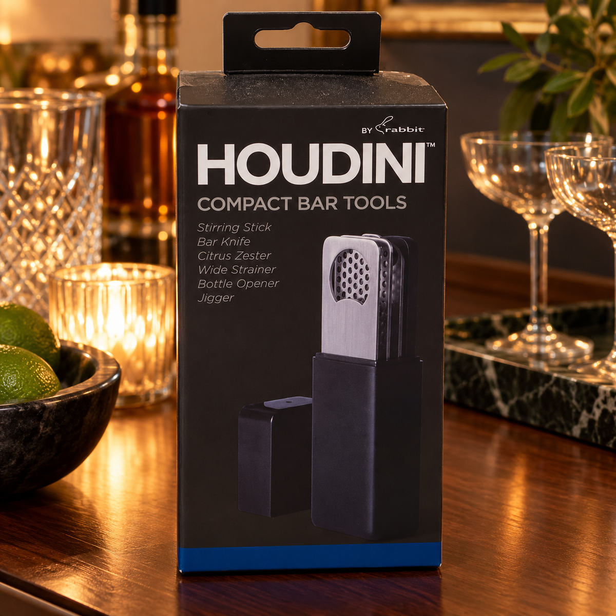 Houdini compact bar tools retail box in sideboard setting; AI-generated lifestyle scene