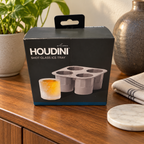 AI-generated sideboard scene of the boxed Houdini four-cavity shot glass ice tray.