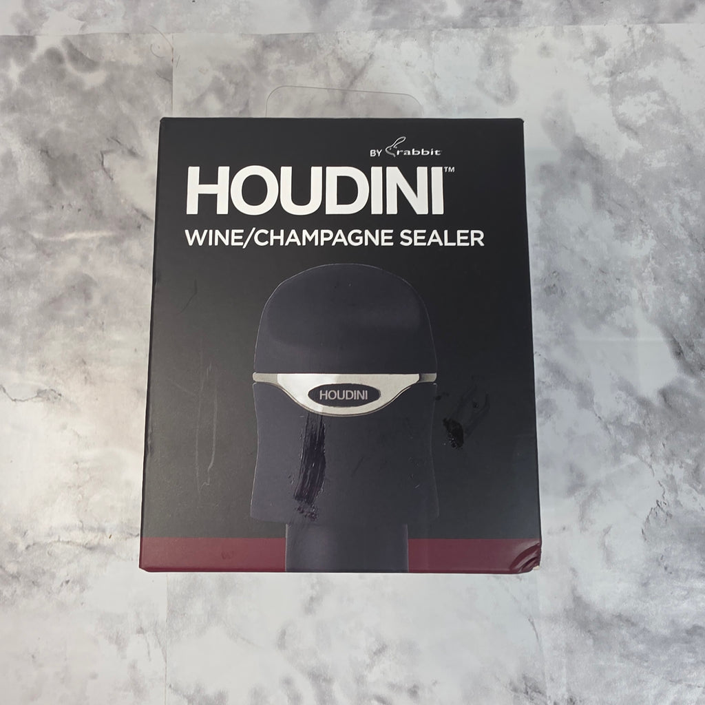 Actual More4less inventory photo of the black Houdini by Rabbit wine and champagne sealer in its retail box.