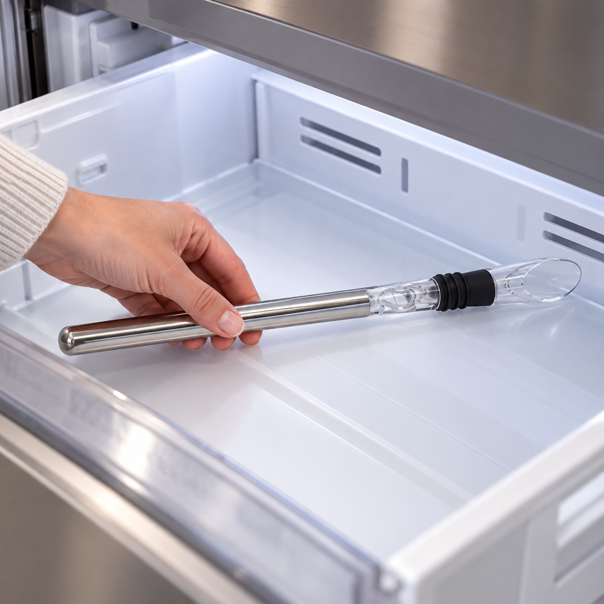 Putting the Houdini wine chiller into the freezer; AI lifestyle illustration