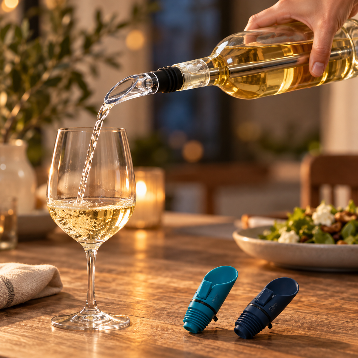 Pouring wine through the Houdini chiller and aerating spout; AI lifestyle illustration