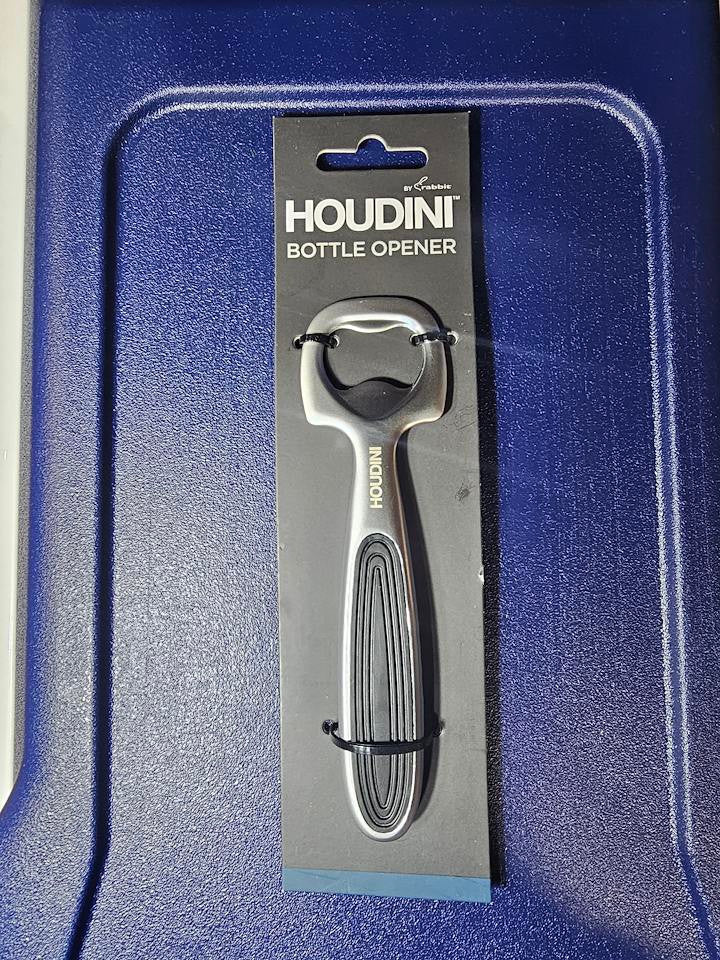 Houdini by Rabbit zinc bottle opener with black textured grip on its original front retail card