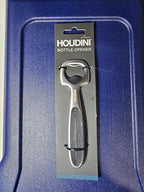 Houdini by Rabbit zinc bottle opener with black textured grip on its original front retail card