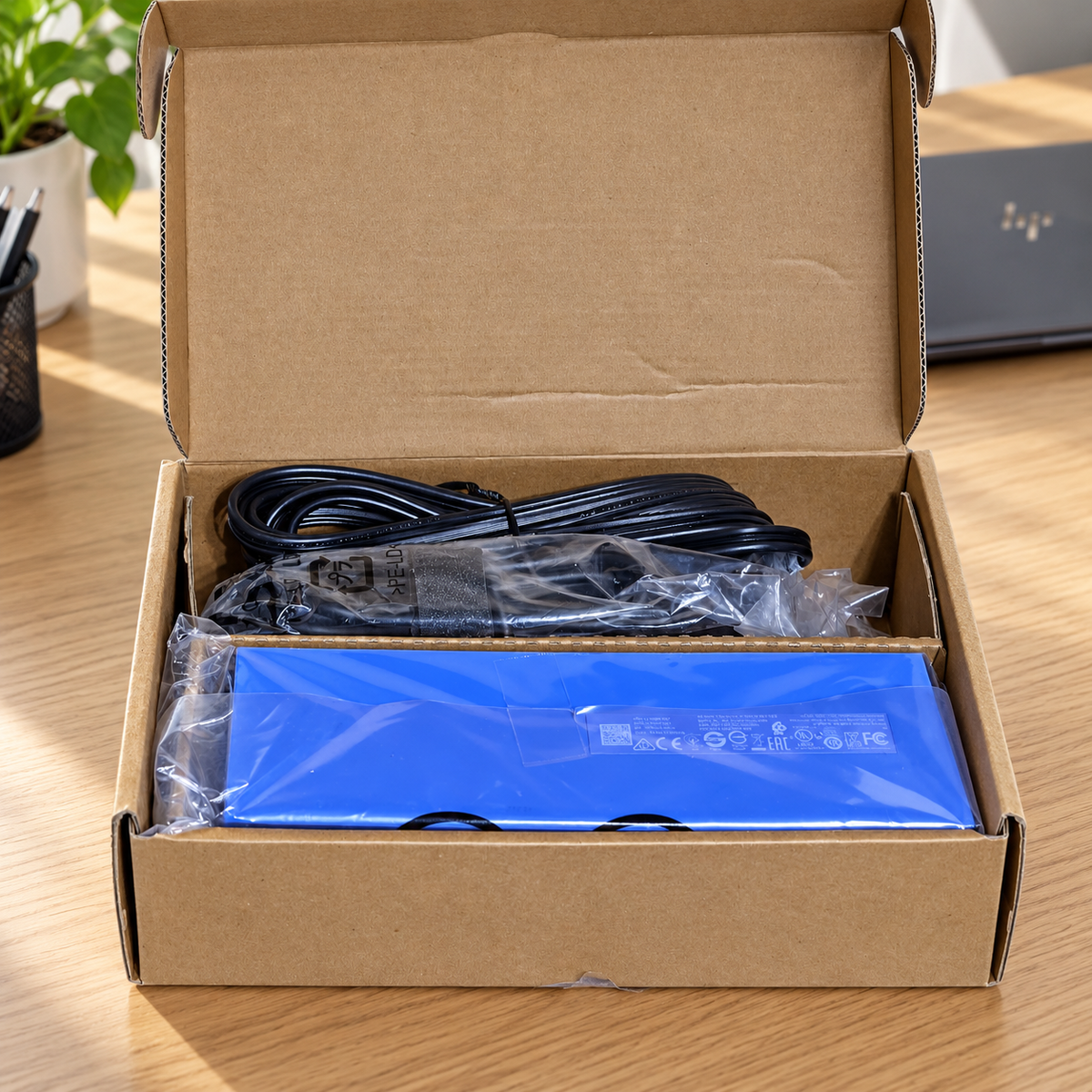 AI-generated home-office desk scene of the HP USB-C Dock G4 in its open carton with bagged contents.