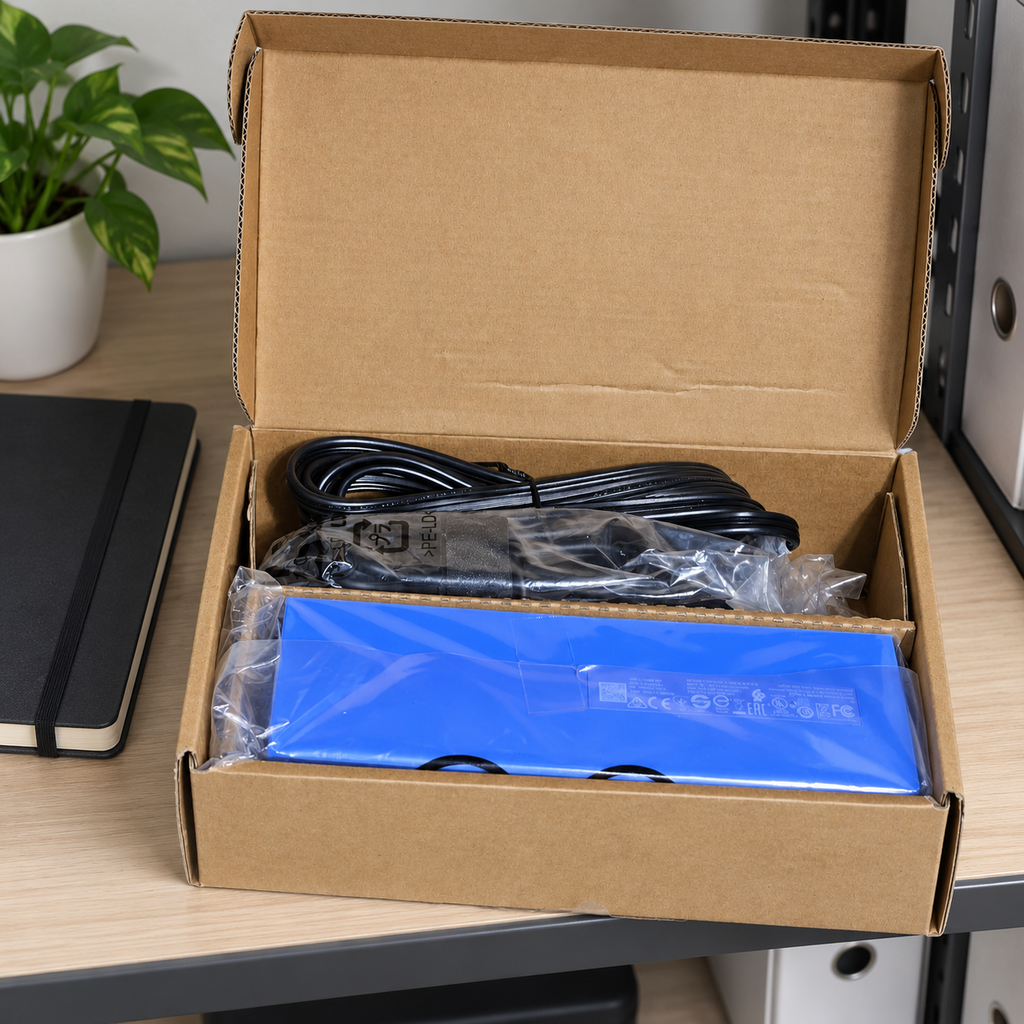 AI-generated office shelf scene of the HP USB-C Dock G4 in its open carton with bagged contents.