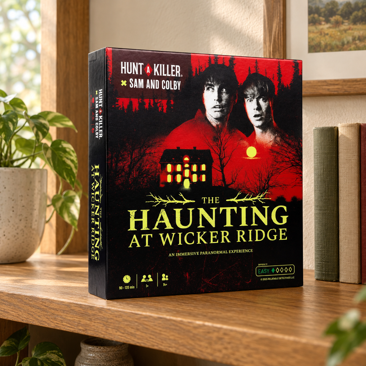 AI-generated illustration of the closed Hunt A Killer x Sam and Colby The Haunting at Wicker Ridge game box on a wooden bookshelf beside plain books.