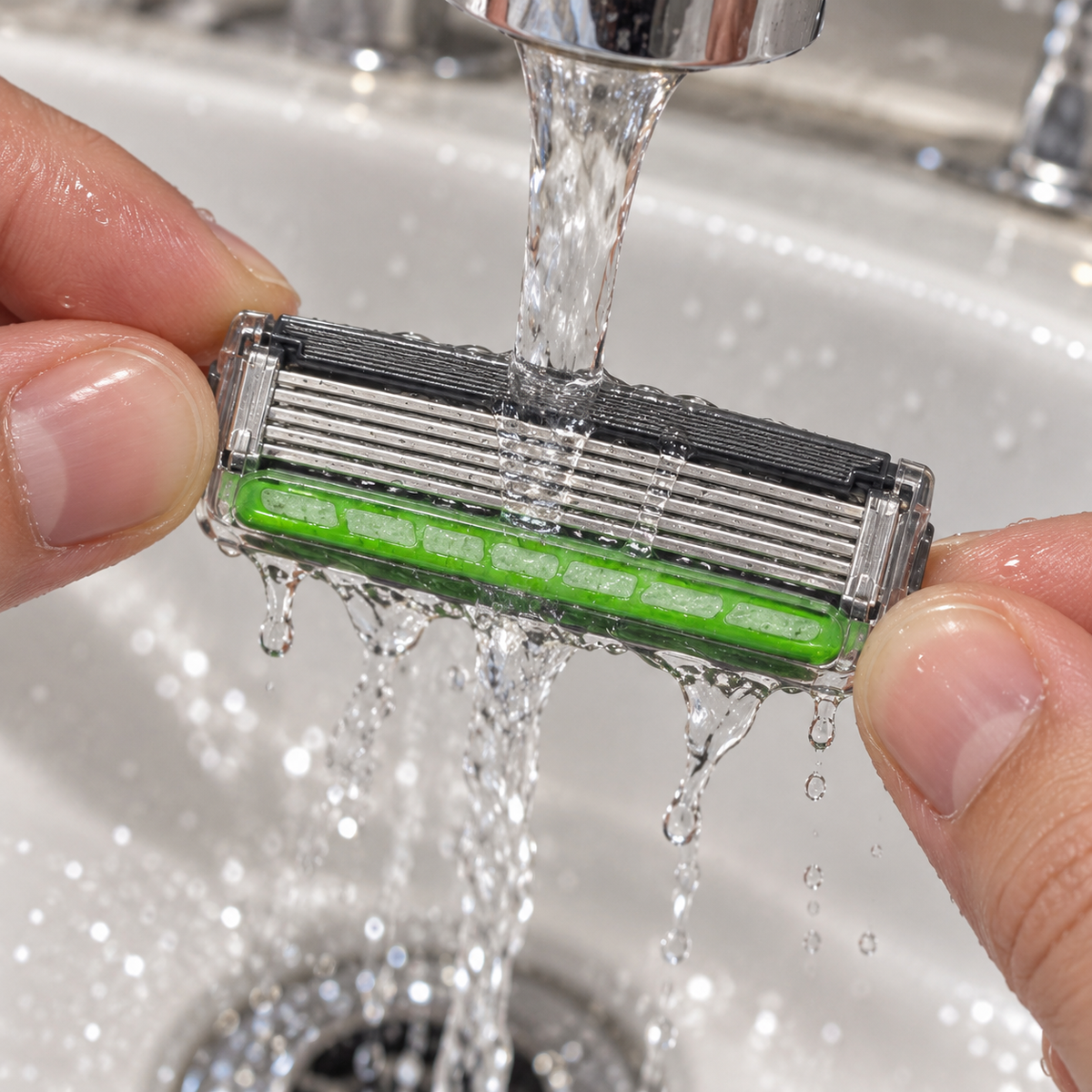 Rinsing a Schick Hydro 5 cartridge while holding its plastic ends